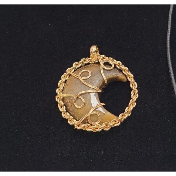 Moon Pendant Tiger Eye Gem Stone  Crystal Necklace 1.5" Diameter - Picture 4 of 5